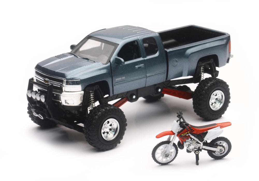 NEW RAY REPLICA 1:43 TRUCK/RACE BIKE CHEVY GREY HONDA BIKE RED